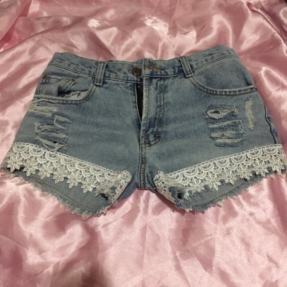 Denim Lace Trim Distressed Mini Shorts Size 0